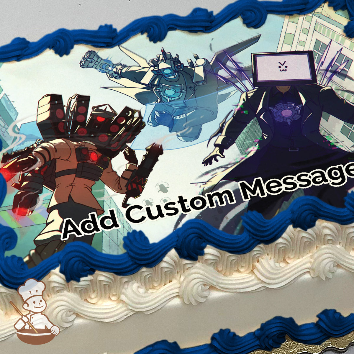 A cartoon illustration of three futuristic robot-like characters in a cityscape. The background shows tall buildings and a light sky. Printed on a sheet cake.