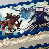 A cartoon illustration of three futuristic robot-like characters in a cityscape. The background shows tall buildings and a light sky. Printed on a sheet cake.
