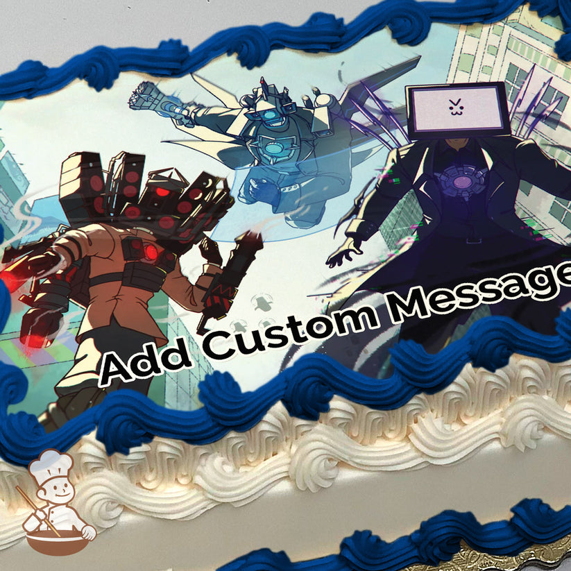 A cartoon illustration of three futuristic robot-like characters in a cityscape. The background shows tall buildings and a light sky. Printed on a sheet cake.
