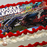Two cars from the game Rocket League, one blue and one black with red lightning patterns, are mid-air in a stadium. Printed on a photo sheet cake.