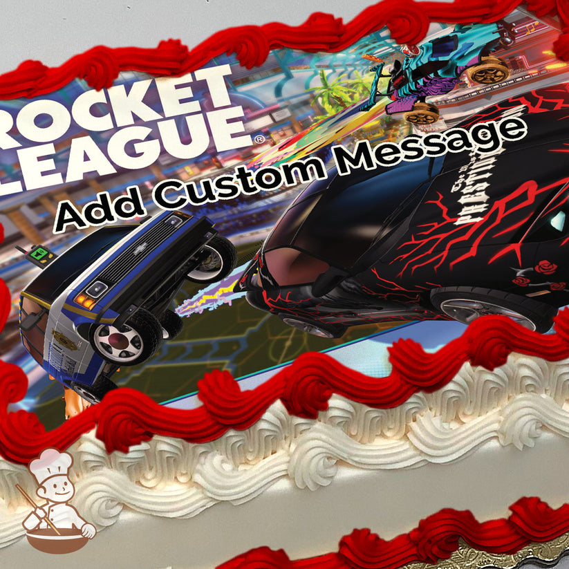 Two cars from the game Rocket League, one blue and one black with red lightning patterns, are mid-air in a stadium. Printed on a photo sheet cake.