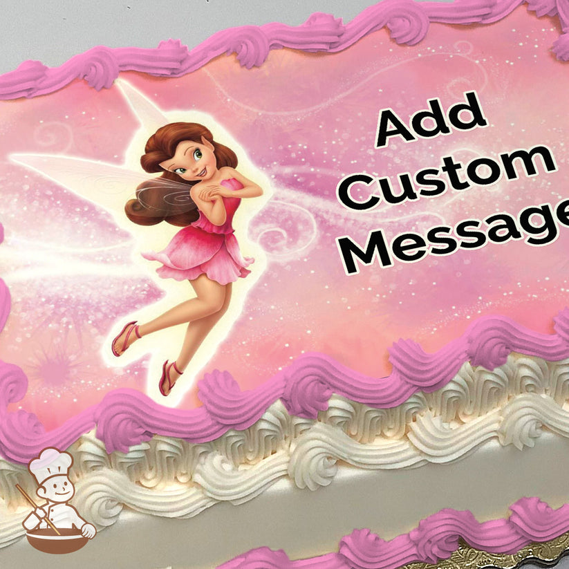 A cartoon fairy with brown hair, pink dress, and translucent wings is set against a sparkly pink background. Printed on a photo sheet cake.