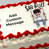 Cartoon illustration of a person on a swing wearing a hoodie with "$AD BOY2" text above. Background is white. Printed on a photo sheet cake.