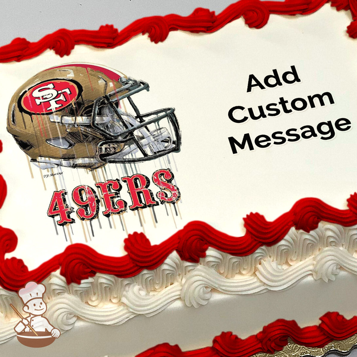 A printed image of a San Francisco 49ers football helmet with the text "49ERS" in bold red letters beneath it, on a sheet cake.