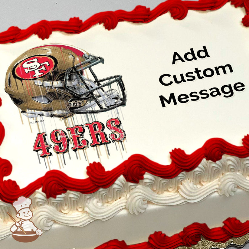 A printed image of a San Francisco 49ers football helmet with the text "49ERS" in bold red letters beneath it, on a sheet cake.