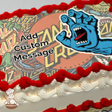 Illustration of a blue hand with an open mouth on a colorful, graffiti-style background with the words "Santa Cruz." Printed on a photo sheet cake.