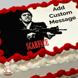 Black and white illustration of a man holding a gun, with "SCARFACE" in red text. The background is half black, half white. Printed on a sheet cake.