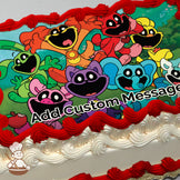 Colorful cartoon animals, including a red dog, yellow bear, blue elephant, and purple cat, smiling joyfully in a grassy outdoor setting, printed on a sheet cake.
