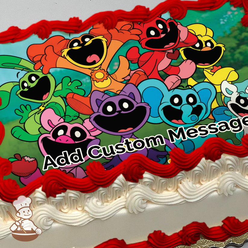 Colorful cartoon animals, including a red dog, yellow bear, blue elephant, and purple cat, smiling joyfully in a grassy outdoor setting, printed on a sheet cake.