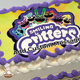 Cartoon animals, including a unicorn, bunny, and cat, with wide smiles on a yellow background. Image printed on a photo sheet cake.