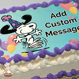 Snoopy, wearing a party hat, joyfully dances on a teal background with colorful balloons and gift boxes. Printed on a photo sheet cake.