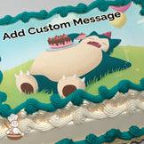 Cartoon Snorlax lies on grass holding a plate with cake, smiling with closed eyes. Background shows balloons, blue sky, and clouds. Printed on a sheet cake.