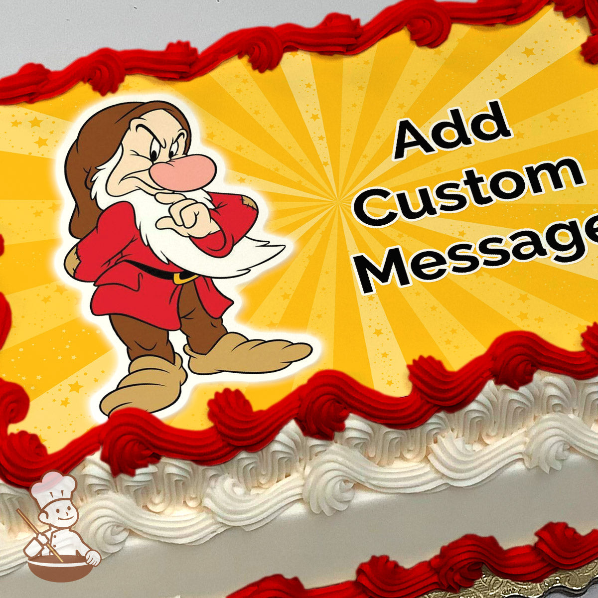 A cartoon of a grumpy dwarf in a red outfit and brown boots stands on a yellow starburst background with sparkles, printed on a sheet cake.
