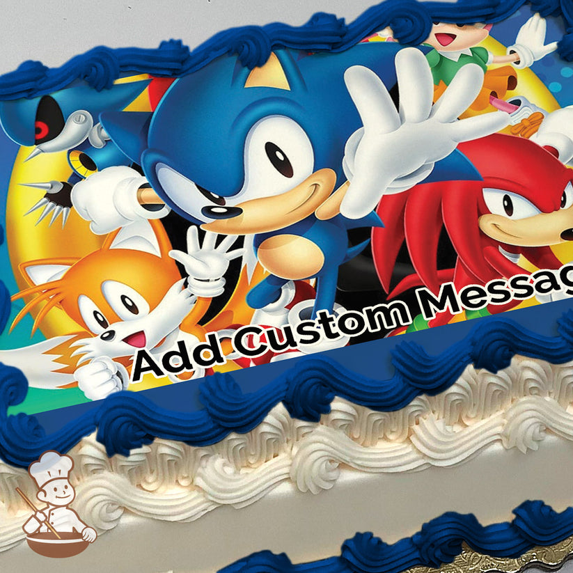 Sonic the Hedgehog, Tails, and Knuckles are featured in a colorful cartoon illustration with a vibrant background of yellow and blue. Printed on a sheet cake.