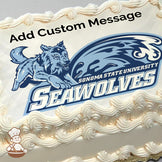 A blue and white illustration of a wolf leaping next to a wave, with "Sonoma State University Seawolves" text. Printed on a photo sheet cake.