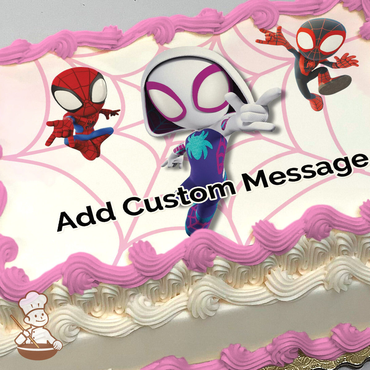 Cartoon Spider-Man, Spider-Gwen, and Miles Morales pose dynamically on a pink web-patterned background. Image printed on a photo sheet cake.