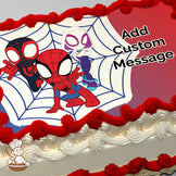 Cartoon Spider-Man, Miles Morales, and Spider-Gwen on a web background. The background is a gradient of red and blue. Image printed on a sheet cake.