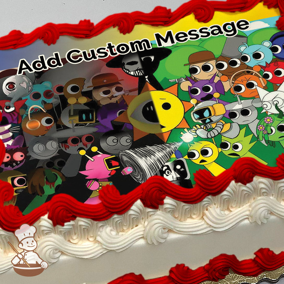 A colorful cartoon illustration featuring various quirky characters, including a sun with an eye, a robot, and others, set against a vibrant green and yellow background. Printed on a photo sheet cake.