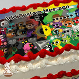 A colorful cartoon illustration featuring various quirky characters, including a sun with an eye, a robot, and others, set against a vibrant green and yellow background. Printed on a photo sheet cake.