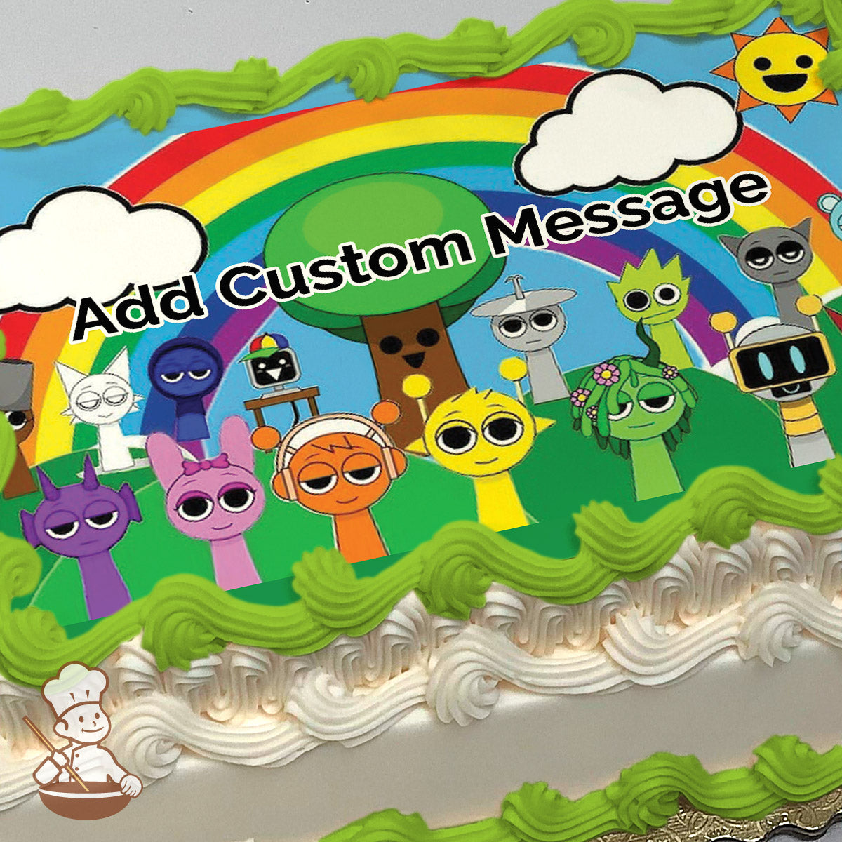 Colorful cartoon characters with large eyes stand in a grassy field under a rainbow, clouds, and a smiling sun. Image printed on a sheet cake.