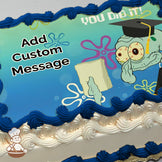 A cartoon character wearing a graduation cap holds a diploma against a blue underwater background with colorful flower-like shapes, printed on a sheet cake.