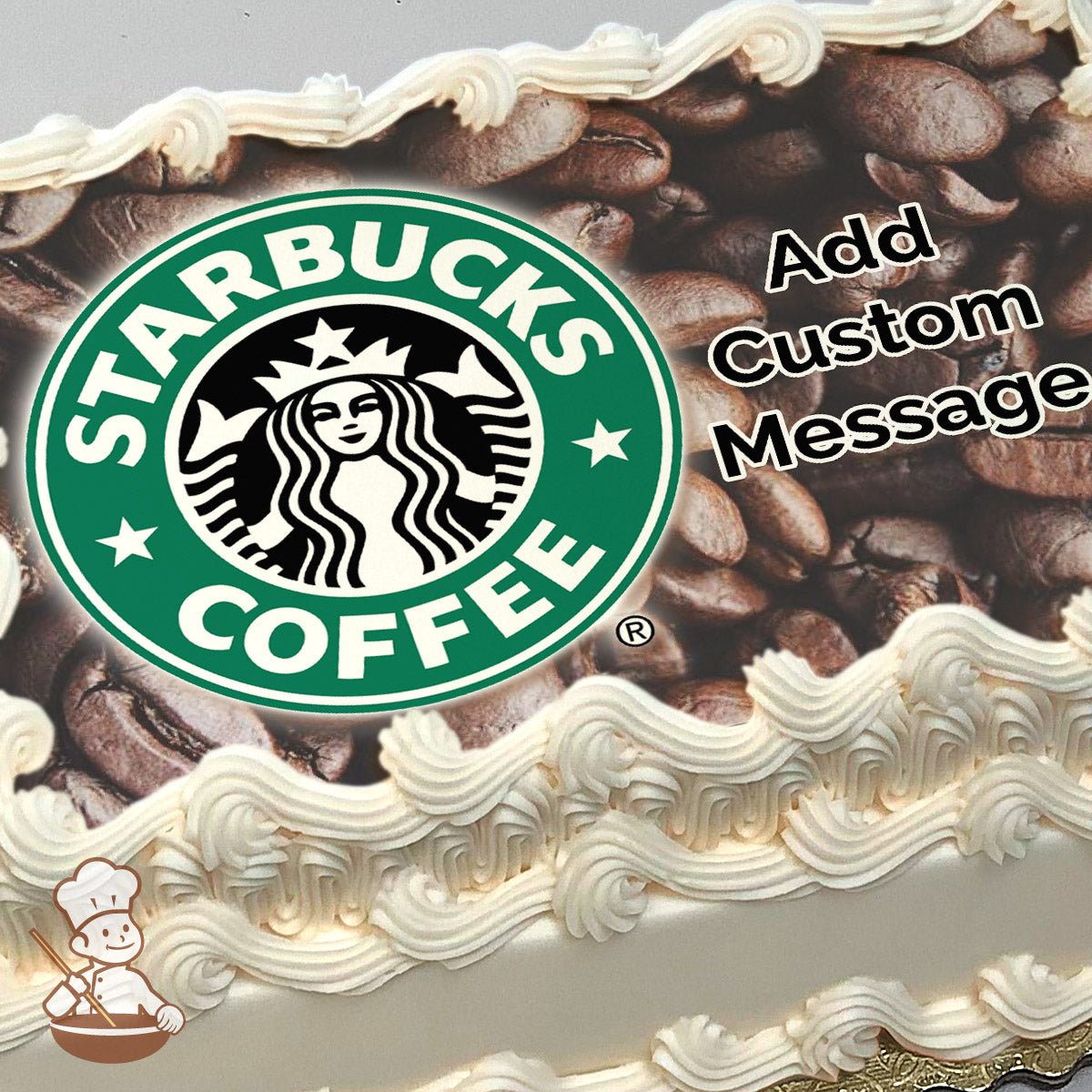 A Starbucks Coffee logo is centered over a background of roasted coffee beans. The image is printed on a photo sheet cake.
