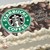 A Starbucks Coffee logo is centered over a background of roasted coffee beans. The image is printed on a photo sheet cake.