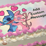 Cartoon of Stitch and Angel hugging with pink hearts above them on a pastel gradient background, printed on a photo sheet cake.