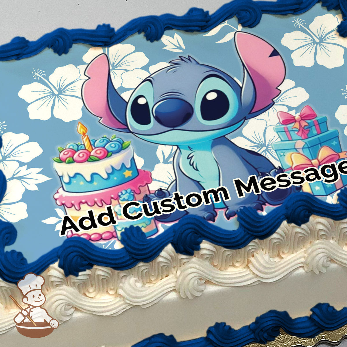 A cartoon illustration of Stitch next to a colorful birthday cake with a candle and gift boxes. The background is light blue with white hibiscus flowers. Printed on a sheet cake.