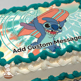 Cartoon character surfing on a wave with a colorful surfboard. The background is a stylized ocean scene with waves. Printed on a sheet cake.