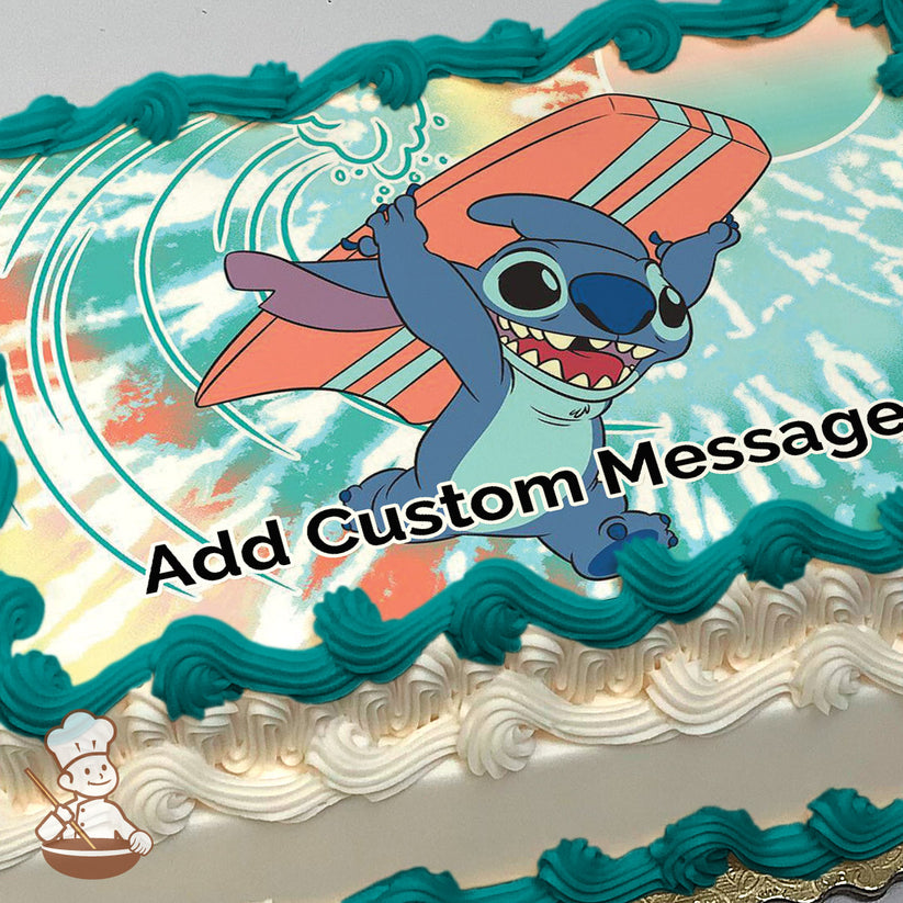Cartoon character surfing on a wave with a colorful surfboard. The background is a stylized ocean scene with waves. Printed on a sheet cake.