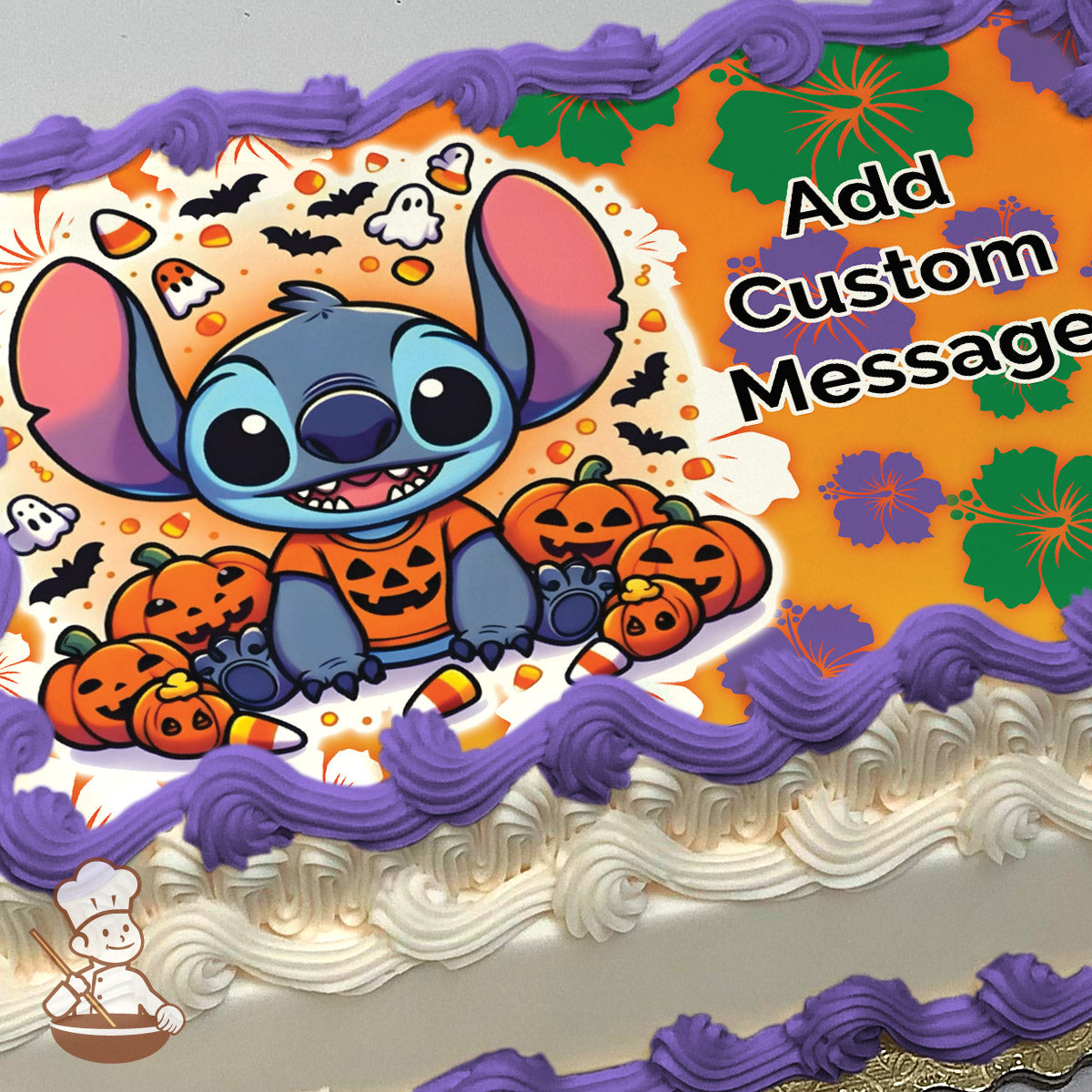 Cartoon illustration of Stitch wearing a pumpkin shirt, surrounded by jack-o'-lanterns, candy corn, bats, and ghosts on an orange background. Printed on a sheet cake.