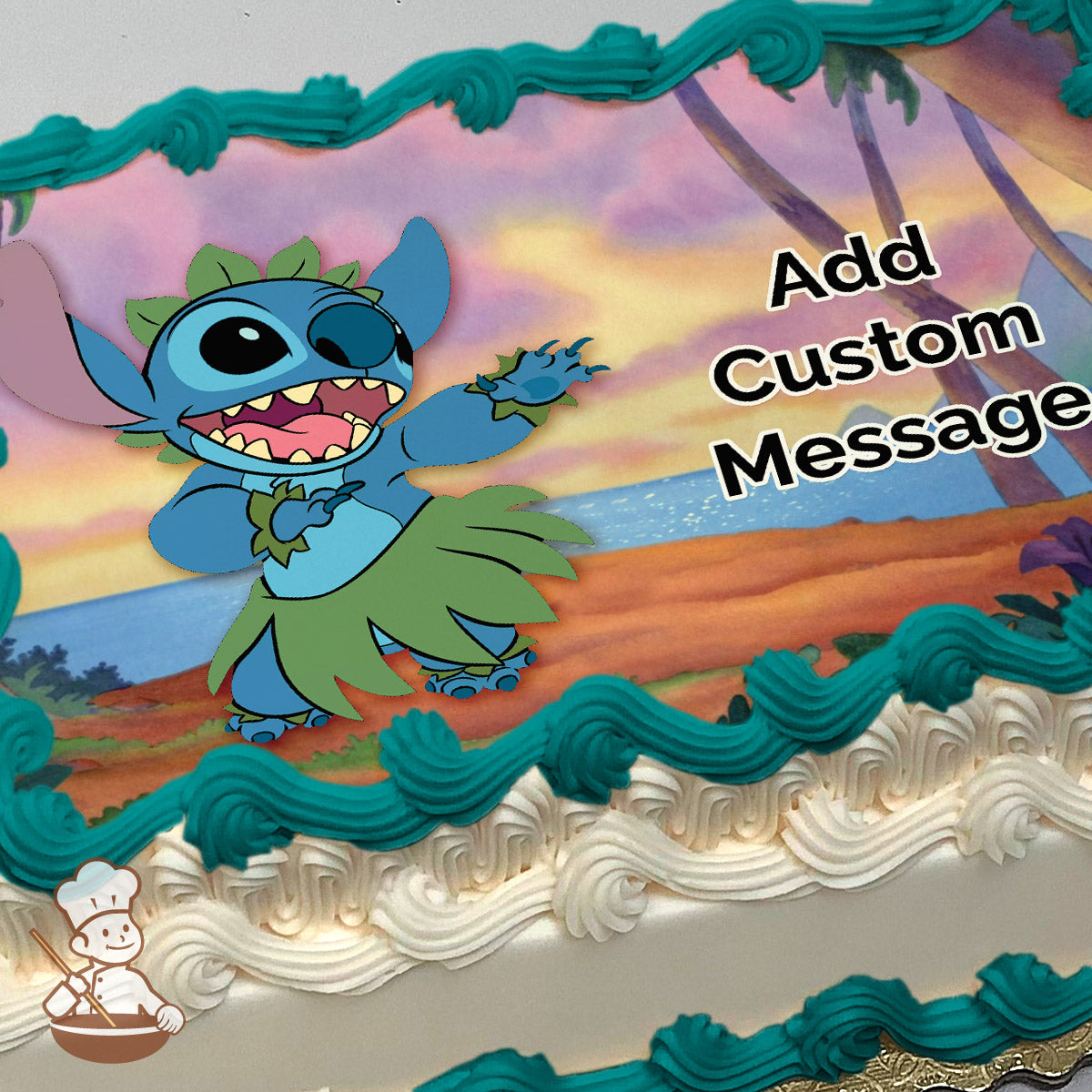 Cartoon character Stitch wearing a green hula outfit, dancing on a tropical beach at sunset with palm trees and ocean in the background, printed on a sheet cake.