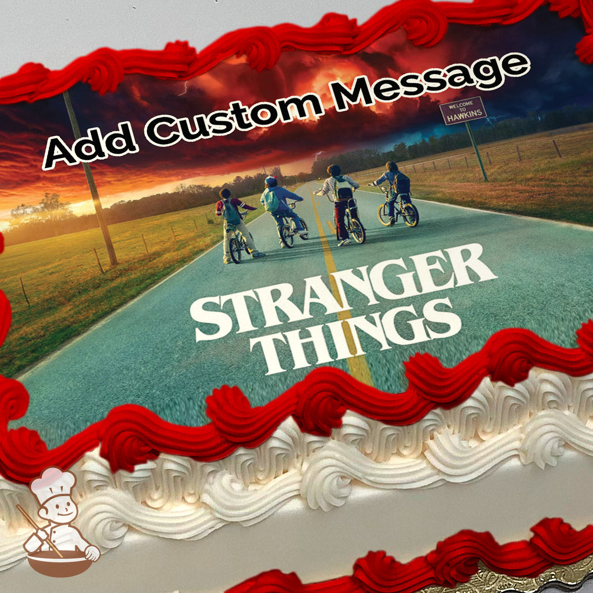 Four kids on bikes ride down a rural road at sunset under a dramatic red and dark sky, with "Stranger Things" text. Printed on a sheet cake.