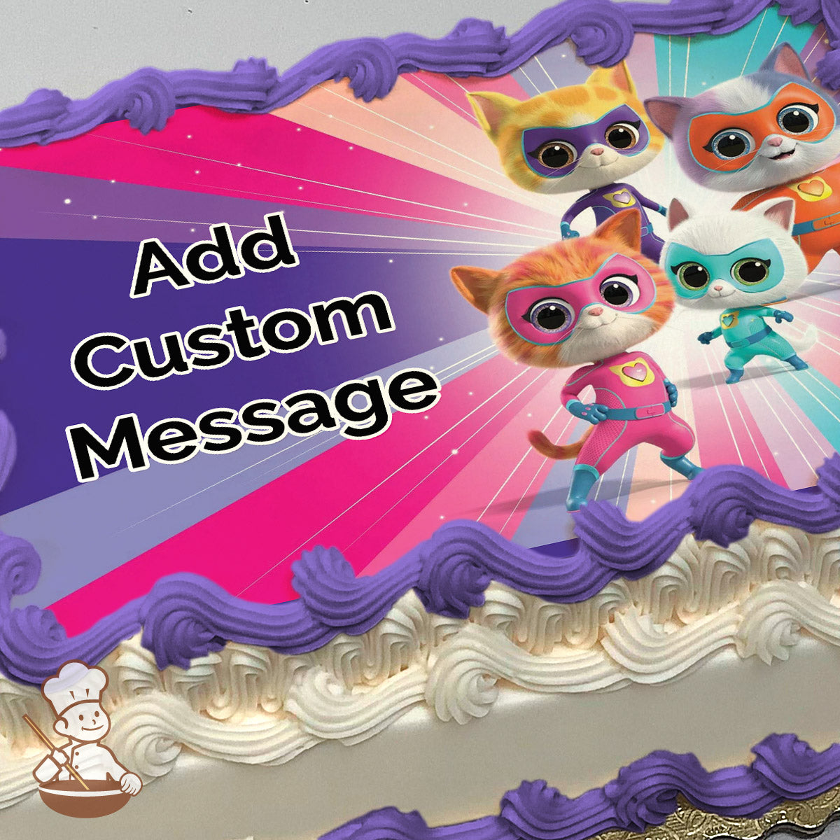 Four cartoon superhero cats in colorful costumes and masks stand confidently on a vibrant pink, purple, and teal starburst background, printed on a sheet cake.