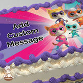 Four cartoon superhero cats in colorful costumes and masks stand confidently on a vibrant pink, purple, and teal starburst background, printed on a sheet cake.