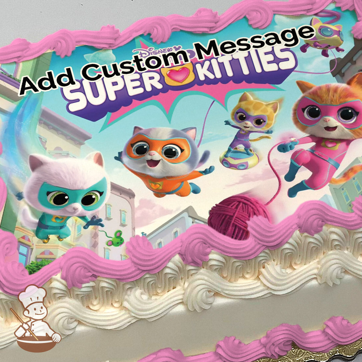 Cartoon image of four superhero kittens in colorful costumes flying and playing in a sunny cityscape with buildings and a pink yarn ball. Printed on a sheet cake.