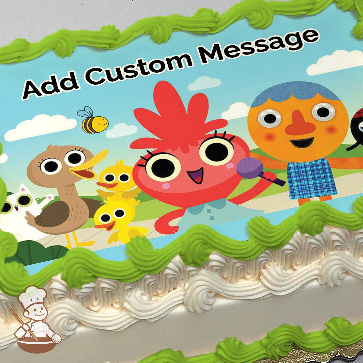 Cartoon characters, including a red character with a microphone, a yellow character, and a duck family, in a sunny park with clouds. Printed on a sheet cake.