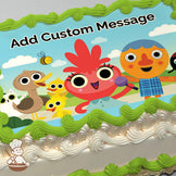 Cartoon characters, including a red character with a microphone, a yellow character, and a duck family, in a sunny park with clouds. Printed on a sheet cake.