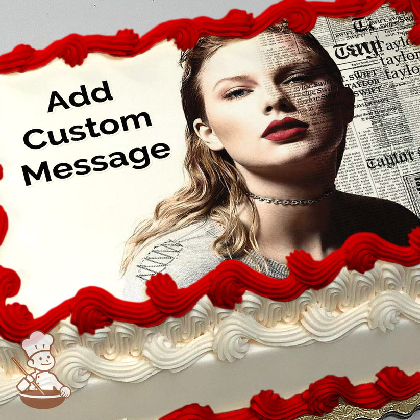 A partially visible person with wavy blonde hair wearing a gray top and choker necklace. The background features a newspaper-style design. Printed on a sheet cake.
