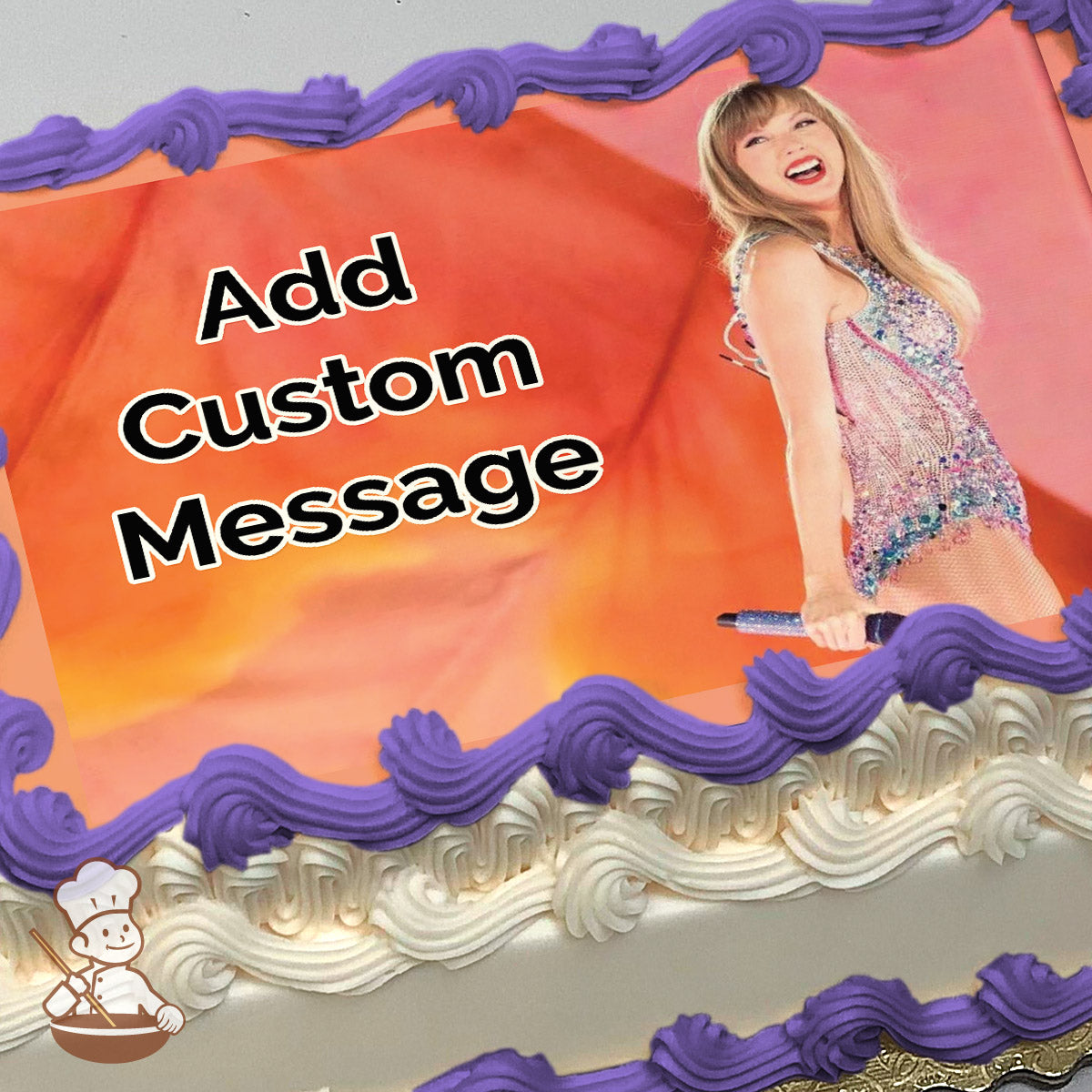 A smiling woman in a sparkly dress holds a microphone against a vibrant orange background. Printed on a photo sheet cake.