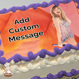 A smiling woman in a sparkly dress holds a microphone against a vibrant orange background. Printed on a photo sheet cake.