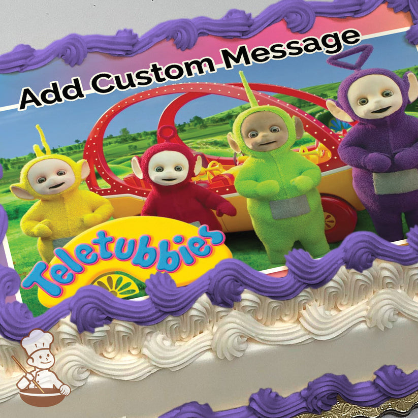 The image shows the Teletubbies—Tinky Winky, Dipsy, Laa-Laa, and Po—standing in front of their red and yellow Tubby Car in a grassy, sunny landscape. Printed on a sheet cake.