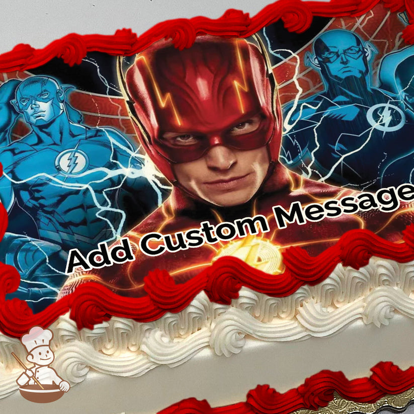 Comic-style illustration of three superhero characters in dynamic poses with lightning effects. The background is dark with glowing energy streaks. Printed on a photo sheet cake.