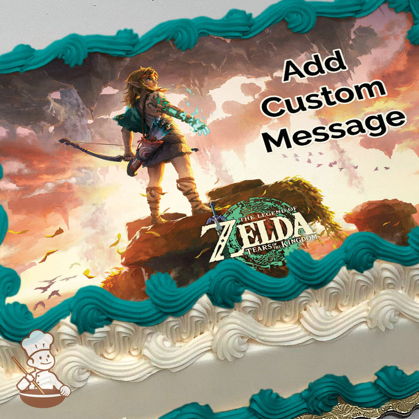 Illustration of a character with a bow standing on a rocky cliff, overlooking a glowing, cloudy sky with birds flying. Printed on a photo sheet cake.