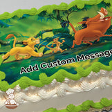 Simba, Timon, and Pumbaa from "The Lion King" run joyfully through a lush jungle with vibrant green foliage in the background, printed on a sheet cake.