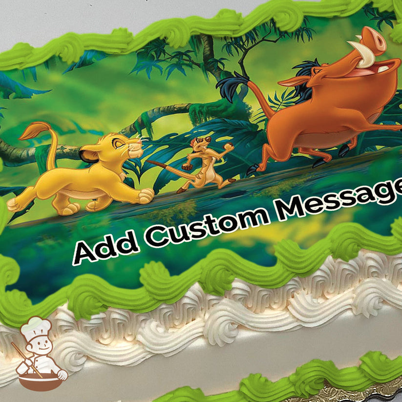 Simba, Timon, and Pumbaa from "The Lion King" run joyfully through a lush jungle with vibrant green foliage in the background, printed on a sheet cake.