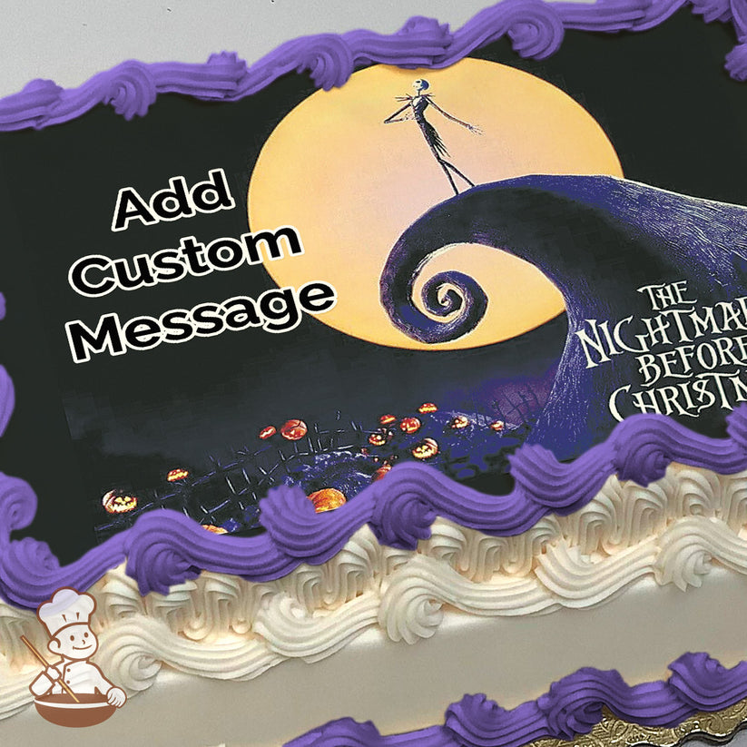 Jack Skellington stands on a spiral hill under a full moon in a dark, eerie landscape with glowing pumpkins. Printed on a photo sheet cake.