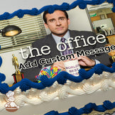 A man in a suit sits at a desk holding a "World's Best Boss" mug, with office supplies and a trophy nearby. The background shows an office setting. Printed on a sheet cake.