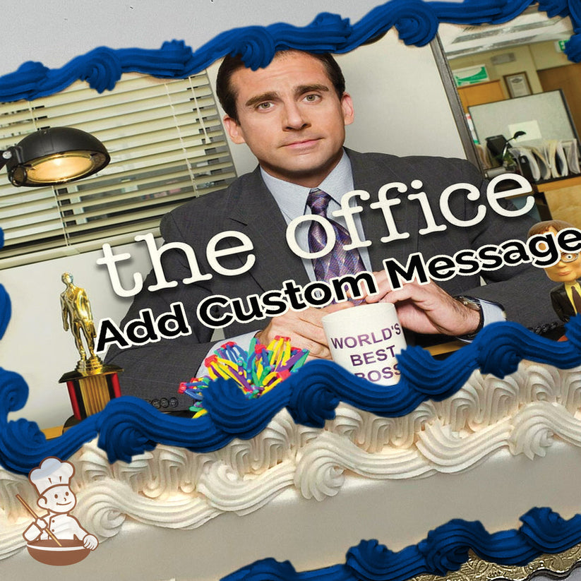 A man in a suit sits at a desk holding a "World's Best Boss" mug, with office supplies and a trophy nearby. The background shows an office setting. Printed on a sheet cake.